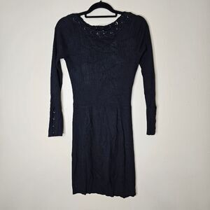 Cache Long Sleeve Sweater Dress Size Small black Knit Eyelet & Braided Detail